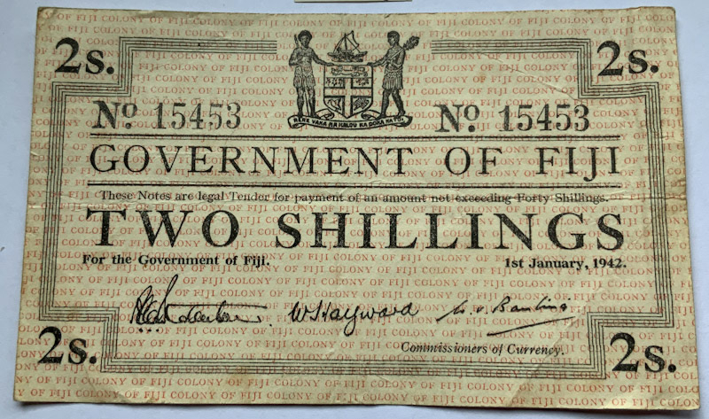 1942 Fiji Two Shilling banknote